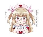  &gt;_&lt; 1girl armband bandaged_arm bandaged_wrist bandages bespectacled blonde_hair blush center_frills clenched_hands collared_dress commentary_request dress frills glasses hair_ornament hands_on_own_cheeks hands_on_own_face hands_up hat heart heart_print highres long_hair looking_at_viewer natori_sana nurse_cap pink_headwear pout puffy_short_sleeves puffy_sleeves rabbit_hair_ornament red_armband red_eyes round_eyewear sana_channel sanz_zzz short_sleeves simple_background solo two_side_up upper_body virtual_youtuber white_dress 
