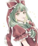  1girl bow closed_mouth dress fingernails frilled_bow frilled_ribbon frilled_sleeves frills front_ponytail green_eyes green_hair hair_bow hair_ribbon highres kagiyama_hina long_hair poteimo_(poteimo622) red_bow red_dress red_ribbon ribbon short_sleeves simple_background smile solo touhou upper_body white_background 