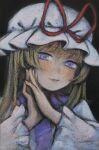  1girl absurdres black_background blonde_hair blush closed_mouth highres long_sleeves looking_at_viewer simple_background solo svveetberry touhou upper_body violet_eyes yakumo_yukari 