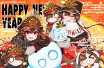  1boy 1girl 2021 animal_costume black_cape black_headwear black_scarf black_shirt blush brother_and_sister cape cow_costume facing_viewer family_crest fate/grand_order fate_(series) fiery_hair gloves hair_between_eyes happy_new_year hat hi_(wshw5728) highres long_sleeves low_ponytail military_hat mini_nobu_(fate) oda_nobukatsu_(fate) oda_nobunaga_(fate) oda_uri open_mouth orange_background peaked_cap ponytail red_cape red_eyes red_shirt scarf shako_cap shirt siblings sidelocks smile snowman twitter_username white_scarf winter_gloves 