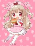  &gt;_&lt; 1girl :d apron armband bandaged_wrist bandages blush burger chibi collared_dress commentary_request dress fang food fujisawa_kamiya full_body hair_ornament hat heart heart_print highres holding holding_food light_brown_hair long_hair looking_at_viewer natori_sana nurse_cap open_mouth outline pink_apron pink_background pink_footwear pink_headwear pocket puffy_short_sleeves puffy_sleeves rabbit_hair_ornament red_armband red_eyes sana_channel short_sleeves slippers smile solo standing thigh-highs two_side_up virtual_youtuber white_dress white_outline white_thighhighs 