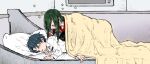  2boys bed black_hair blush chaldea_uniform closed_eyes commentary_request drooling fate/grand_order fate_(series) fujimaru_ritsuka_(male) gedougawa green_hair indoors jacket long_bangs long_hair male_focus medium_bangs multiple_boys open_mouth short_hair sidelocks sleeping smile under_covers upper_body white_jacket yan_qing_(fate) 