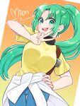  :d atm138_33 gradient_background green_eyes green_hair hand_on_own_hip highres higurashi_no_naku_koro_ni long_hair multicolored_hair ponytail shirt smile sonozaki_mion streaked_hair teeth upper_teeth_only v yellow_shirt 