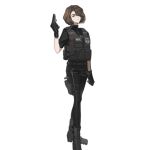  1girl arm_up artist_request badge black_footwear black_gloves black_pants black_shirt black_vest boots brown_hair closed_mouth expressionless foot_out_of_frame full_body girls_frontline gloves grey_eyes gun hair_over_one_eye handgun holding holding_gun holding_weapon holster long_hair looking_at_viewer official_art pants ponytail pouch romy_riefenstahl shirt short_sleeves simple_background snap-fit_buckle solo standing thigh_holster transparent_background trigger_discipline vest weapon weapon_request 