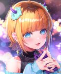  0v0_(l_seohui) 1girl :3 absurdres ahoge blonde_hair blue_eyes blue_jacket blush cellphone fake_horns fang highres horns jacket looking_at_viewer medium_hair memcho nail_polish open_mouth oshi_no_ko own_hands_together phone pink_nails purple_horns solo sparkle 