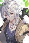  1boy ahoge black_gloves coat coin crow_armbrust double-parted_bangs eiyuu_densetsu fur_collar gloves hair_between_eyes highres leaf long_hair looking_at_viewer red_eyes sen_no_kiseki sen_no_kiseki_iv sidelocks smile solo white_hair zer00han 