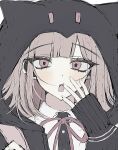  1girl :o animal_ears black_jacket black_shirt blush collared_shirt danganronpa_(series) danganronpa_2:_goodbye_despair dress_shirt fake_animal_ears hood hood_up jacket medium_hair nanami_chiaki neck_ribbon pink_eyes pink_hair pink_ribbon portrait qing_yue ribbon shirt sleeves_past_wrists solo teeth two-tone_shirt upper_teeth_only white_shirt 