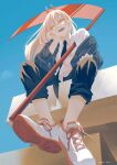  blue_sky chainsaw_man demon_horns highres holding holding_scythe horns japan karcer_grey necktie on_roof oni_horns pale_skin power_(chainsaw_man) rooftop scythe sharp_teeth shoes sitting sky sneakers teeth white_footwear yellow_eyes 