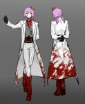  1girl arm_behind_back black_gloves boots closed_mouth coat crown e.g.o_(project_moon) employee_(lobotomy_corporation) gloves grey_vest lobotomy_corporation long_sleeves looking_at_viewer mini_crown multiple_views nishikujic pants project_moon purple_hair red_footwear short_twintails smile solo twintails vest white_coat white_pants yellow_eyes 