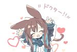  1girl :d ^_^ ahoge amiya_(arknights) animal_ears arknights arms_up ascot black_jacket blue_ascot blush_stickers brown_hair chibi closed_eyes facing_viewer heart jacket jewelry long_hair multiple_rings naguru_(cyoroama) open_clothes open_jacket open_mouth rabbit_ears rabbit_girl ring shirt sidelocks simple_background smile solo thumb_ring translated upper_body white_background white_shirt 