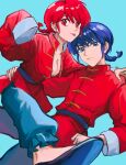  1boy 1girl absurdres aqua_background blue_eyes blue_hair braid braided_ponytail breasts chinese_clothes closed_mouth dual_persona highres ranma-chan ranma_1/2 redhead saotome_ranma simple_background tongue tongue_out wacz2724_(user_wacz2724) 