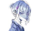  1girl blue_eyes blue_jacket buttons character_request collared_shirt colored_eyelashes commentary copyright_request ear_piercing from_side hair_bun hair_ornament hairclip jacket long_sleeves looking_at_viewer open_mouth piercing ranko_no_ane shadow shirt short_hair sketch upper_body white_background white_hair white_shirt 