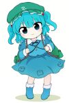  1girl backpack bag blue_eyes blue_footwear blue_hair blue_shirt blue_skirt boots closed_mouth collared_shirt commentary flat_cap full_body green_headwear hair_bobbles hair_ornament hat highres kawashiro_nitori long_sleeves medium_hair rei_(tonbo0430) shirt simple_background skirt smile solo standing touhou two_side_up white_background 