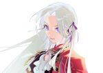  1girl ascot black_jacket cape closed_mouth edelgard_von_hresvelg fire_emblem fire_emblem:_three_houses gapamopa hair_ribbon highres jacket long_hair looking_at_viewer portrait purple_ribbon red_cape ribbon simple_background solo very_long_hair violet_eyes white_ascot white_background 