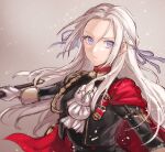  1girl blue_eyes cape commentary_request edelgard_von_hresvelg fire_emblem fire_emblem:_three_houses garreg_mach_monastery_uniform grey_background hair_ribbon hazuki_(nyorosuke) highres lips long_hair neckerchief red_cape ribbon solo upper_body white_hair white_neckerchief 