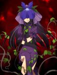  1girl black_gloves black_hair china_dress chinese_clothes covered_eyes dress flower food_print fruit_print gloves grape_print hand_on_own_face highres kaigen_1025 long_hair open_mouth plant purple_dress purple_flower short_sleeves smile solo touhou unfinished_dream_of_all_living_ghost vine_print vines yomotsu_hisami 
