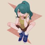  1boy blue_footwear brown_shorts closed_mouth collarbone dark_green_hair eyelashes fingernails frown hair_over_one_eye highres inazuma_eleven_(series) kazemaru_ichirouta light_brown_background lightning_bolt_symbol long_hair male_focus otoko_no_ko ponytail shorts sitting socks striped_tank_top tank_top uoixa white_socks wristband 