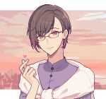  1boy artist_name brown_eyes brown_hair bustafellows commission english_commentary glasses gradient_hair hand_up heart helvetica_(bustafellows) highres lanahpyon multicolored_hair outdoors pixel_art smile solo upper_body 