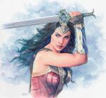  1girl bare_shoulders black_hair breasts commentary dc_comics english_commentary fingerless_gloves gloves hector_trunnec highres holding holding_sword holding_weapon long_hair looking_at_viewer painting_(medium) solo superhero sword tiara traditional_media upper_body watercolor_(medium) weapon wonder_woman wonder_woman_(series) 