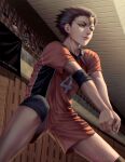  1boy artist_name blonde_hair brown_eyes elbow_pads haikyuu!! hair_slicked_back highres indoors karasuno_volleyball_uniform knee_pads luhuala male_focus multicolored_hair nishinoya_yuu orange_shorts short_sleeves shorts single_elbow_pad solo_focus sportswear two-tone_hair 