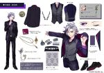  1boy belt black_footwear black_jacket black_pants buttons character_name closed_mouth collared_shirt copyright_name ear_piercing earrings formal full_body fuwa_minato fuwa_minato_(2nd_costume) grey_hair grey_vest jacket jewelry long_sleeves looking_at_viewer male_focus multicolored_hair necklace necktie nijisanji official_art one_eye_closed open_clothes open_jacket pants piercing pink_hair purple_hair purple_necktie purple_shirt reference_sheet ring second-party_source shirt shoes smile solo streaked_hair striped striped_vest suit tachi-e tomatsukaze vertical-striped_vest vertical_stripes vest violet_eyes virtual_youtuber white_belt 