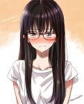  1girl artist_name averting_eyes black-framed_eyewear black_hair blush casual closed_mouth collarbone commentary_request copyright_name embarrassed glasses himawari-san himawari-san_(character) long_hair looking_to_the_side orange_background shirt short_sleeves signature simple_background solo sugano_manami sweat two-tone_background upper_body violet_eyes white_background white_shirt 