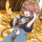  1girl belt black_sleeves blue_eyes blue_overalls blush braid breasts brown_hair buckle clothing_cutout coffee_cup crown_braid cup disposable_cup fate/grand_order fate_(series) holding holding_cup leaf looking_at_viewer navel navel_cutout one_eye_closed open_mouth orange_headwear overalls puffy_sleeves shimogamo_(shimomo_12) side_braid small_breasts solo striped striped_headwear tongue van_gogh_(fate) wind zipper_pull_tab 