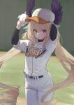  1girl ball baseball baseball_cap baseball_uniform blonde_hair blue_hair enna_alouette gradient_hair hat head_wings highres holding holding_ball long_hair low_twintails multicolored_hair nijisanji nijisanji_en open_mouth pants purple_wings shirt solo sportswear twintails very_long_hair violet_eyes virtual_youtuber wata_midori white_headwear white_pants white_shirt wings 