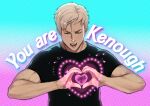  1boy :d barbie_(franchise) barbie_(live_action) black_shirt blonde_hair closed_eyes english_commentary facing_viewer green_background hands_up heart heart_hands highres ken_(barbie) kenough_(meme) male_focus meme open_mouth pink_background romania-chan_(artist) shirt short_hair short_sleeves smile solo teeth 