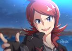  1boy commentary_request fingerless_gloves gloves looking_at_viewer male_focus night night_sky official_alternate_costume oooise open_mouth pokemon pokemon_(game) pokemon_masters_ex redhead signature silver_(pokemon) silver_(sygna_suit)_(pokemon) sky smile upper_body violet_eyes 