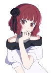  1girl absurdres arima_kana black_flower black_rose bob_cut chouchou_aile dress finger_to_mouth flower hair_flower hair_ornament highres inverted_bob looking_at_viewer oshi_no_ko red_eyes redhead rose short_hair simple_background solo upper_body white_background white_dress 