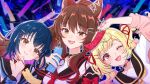  3girls ;d ahoge animal_ears black_sailor_collar blonde_hair blue_hair brown_eyes brown_hair colored_inner_hair fox_ears fumi_(nijisanji) hair_ornament highres hoshikawa_sara long_hair medium_hair mugimugigo multicolored_hair multiple_girls neckerchief necktie nijisanji one_eye_closed orange_eyes orihimeboshi_(nijisanji) pink_hair ponytail red_necktie sailor_collar school_uniform serafuku smile twintails virtual_youtuber x_hair_ornament yamagami_karuta yellow_eyes yellow_neckerchief 