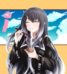  1girl :3 =_= black_coat black_hair blue_sky blush border bowl chopsticks clouds cloudy_sky coat coefont collared_shirt commentary_request eating food gradient_hair grey_shirt hair_ornament hands_up highres holding holding_bowl holding_chopsticks kakuhitsu_no_kosoado_vx long_hair long_sleeves millial_(coefont) multicolored_hair noodles one_side_up outline outside_border shirt sidelocks sky solo soumen upper_body white_hair white_outline wide_sleeves wind_chime yellow_border 