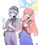  2girls belt blue_hair blue_overalls brown_bag brown_belt closed_eyes dress earpiece fire_emblem fire_emblem:_three_houses gapamopa gloves grey_dress highres hilda_valentine_goneril long_hair long_sleeves marianne_von_edmund microphone multiple_girls open_mouth overalls pink_hair pink_shirt plaid plaid_shirt shirt sidelocks smile twintails very_long_hair white_gloves 