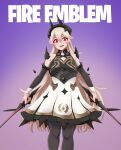  1girl armor armored_dress black_gloves black_headwear black_horns corrin_(female)_(fire_emblem) corrin_(fire_emblem) cosplay dagger dress elbow_gloves english_text fire_emblem fire_emblem_fates fortnite gloves highres holding holding_dagger holding_knife holding_weapon horns knife logo_parody long_hair pantyhose princess_lexa red_eyes seityr smile weapon white_hair 