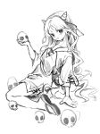  1girl 80isiiii absurdres blush full_body greyscale highres horns monochrome nippaku_zanmu oni_horns open_mouth parted_bangs sandals shirt short_sleeves shorts simple_background sketch skull smile solo touhou unfinished_dream_of_all_living_ghost white_background 