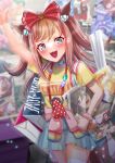  1girl agnes_digital_(umamusume) alternate_costume animal_ears arm_up blurry blurry_background blush bow breasts casual collar eishin_flash_(umamusume) hair_bow hair_ornament highres horse_ears horse_girl open_mouth otono_(bkt4b) paper pink_hair poster_(object) small_breasts smart_falcon_(umamusume) solo thigh-highs umamusume waving 