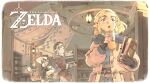  2boys 2girls absurdres blonde_hair blue_eyes book brown_hair bubble_tea fingerless_gloves gloves green_eyes hair_ornament hairclip highres holding holding_book indoors kchang57 link logo medium_hair multiple_boys multiple_girls open_mouth penn_(zelda) pointy_ears princess_zelda snowquill_set_(zelda) the_legend_of_zelda the_legend_of_zelda:_tears_of_the_kingdom traysi_(zelda) 