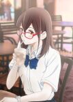  1girl blue_bow blue_bowtie blue_skirt blurry blurry_background bow bowtie brown_eyes brown_hair cafe chair collared_shirt cup disposable_cup drinking drinking_straw glasses highres holding holding_cup indoors kimi_no_suizou_wo_tabetai long_hair looking_at_viewer milkshake pleated_skirt school_uniform shirt short_sleeves sitting skirt solo table take20131004 watch watch white_shirt yamauchi_sakura 