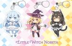  3girls animal_ears black_cat-chan black_hair blonde_hair blue_eyes blue_hair chibi closed_mouth copyright_name english_commentary english_text gloves highres keychain little_witch_nobeta logo long_hair looking_at_viewer multiple_girls nobeta nonota_(little_witch_nobeta) official_art open_mouth standing tail weapon 