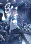  1girl animal_ears bag bicycle blue_archive blue_eyes building dd9 english_text gloves green_gloves halo highres jacket night night_sky pants scarf shiroko_(blue_archive) shoes sitting sky sneakers solo track_pants white_hair wolf_ears 