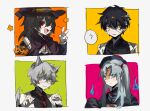  2boys 2girls angela_(project_moon) animal_ears ayin_(project_moon) benjamin_(project_moon) black_shirt brown_hair carmen_(project_moon) closed_mouth collared_shirt glasses green_eyes grey_hair halloween_costume he_(minty) high_ponytail jiangshi_costume lobotomy_corporation long_hair multiple_boys multiple_girls necktie one_eye_closed open_mouth project_moon red_eyes red_necktie shirt sidelocks simple_background smile tail v very_long_hair white_background wolf_ears wolf_tail yellow_eyes 