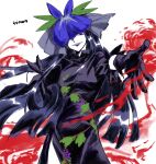  1girl artist_name black_gloves black_hair dress floral_print flower flower_on_head fruit_print gauze gloves hair_flower hair_ornament highres kimon_102 leaf_print long_hair looking_at_viewer orchid puffy_short_sleeves puffy_sleeves purple_dress purple_flower purple_lips short_sleeves solo touhou unfinished_dream_of_all_living_ghost veil violet_eyes yomotsu_hisami 