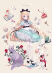  1girl :o absurdres akikawa_higurashi alice_(alice_in_wonderland) alice_in_wonderland animal apron aqua_dress ascot back_bow black_bow black_footwear black_ribbon blonde_hair bloomers blue_eyes book bottle bow card cat cheshire_cat_(alice_in_wonderland) choppy_bangs clothed_animal cookie copyright_name cup cupcake dress drink_me eat_me falling_card feathers flower food fork frilled_apron frilled_dress frilled_shirt_collar frills full_body hair_bow hat hat_removed headwear_removed hedgehog highres holding holding_pocket_watch key liquid long_hair looking_at_viewer mary_janes monocle mushroom neck_ribbon open_book original outstretched_hand paint pale_skin petticoat pie pie_slice plant playing_card pocket_watch puffy_short_sleeves puffy_sleeves purple_cat rabbit ribbon rose shoes short_sleeves socks solo sparkle standing standing_on_liquid teacup thumbprint_cookie top_hat underwear watch white_apron white_ascot white_bloomers white_flower white_rabbit_(alice_in_wonderland) white_rabbit_(animal) white_rose white_socks wrist_cuffs yellow_background 