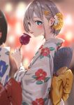  2girls :p aqua_eyes blurry blurry_background blush commentary_request floral_print flower food grey_hair hair_flower hair_ornament hairclip hand_fan holding holding_food japanese_clothes jonsun kimono long_sleeves looking_at_viewer multiple_girls original riku_(jonsun) short_hair solo_focus tongue tongue_out white_flower white_kimono yellow_flower 