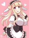  1girl alternate_costume animal_ears apron artist_logo black_hairband blonde_hair breasts center_frills cosplay covered_navel cowboy_shot dated double_bun fake_animal_ears fletcher_(kancolle) fleur_de_lapin_uniform floppy_ears frilled_apron frilled_cuffs frilled_hairband frilled_shirt frills gradient_background hair_bun hairband kanon_(kurogane_knights) kantai_collection kirima_syaro kirima_syaro_(cosplay) large_breasts lolita_hairband long_hair looking_at_viewer one-hour_drawing_challenge open_mouth pink_background puffy_short_sleeves puffy_sleeves rabbit_ears shirt short_sleeves smile solo underbust violet_eyes waist_apron waitress white_apron wrist_cuffs 