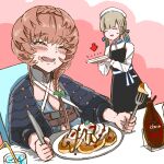  2girls apron arrow_(symbol) black_apron black_sleeves blonde_hair blue_hair blue_overalls blush braid brown_hair buckle chair chocolate clothing_cutout cream crown_braid drinking_straw fate/grand_order fate_(series) food food_on_face fork glass hair_ribbon hat holding holding_fork holding_knife holding_plate knife multicolored_hair multiple_girls navel_cutout nemo_(fate) on_chair open_mouth overalls pancake plate puffy_sleeves ribbon shimogamo_(shimomo_12) side_braid sitting sweatdrop table teeth tongue van_gogh_(fate) white_headwear 