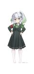  1girl absurdres alternate_costume armband blush braid closed_mouth flower-shaped_pupils full_body gem genshin_impact gradient_hair green_eyes green_gemstone green_hair green_ribbon grey_hair hair_ornament hairclip hands_on_own_hips highres multicolored_hair nahida_(genshin_impact) neck_ribbon no_shoes pantyhose pointy_ears red_armband ribbon school_uniform side_ponytail simple_background single_braid solo standing symbol-shaped_pupils white_background white_pantyhose yukiri_(l_ii) 
