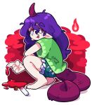  1girl absurdres barefoot clothes_writing green_shirt green_shorts highres horns long_hair maletoh maletoh1 open_mouth pointy_ears purple_hair red_eyes red_horns shirt short_sleeves shorts simple_background single_horn solo tail tenkajin_chiyari touhou unfinished_dream_of_all_living_ghost white_background 