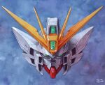  artist_name blue_background green_eyes gundam gundam_wing head_only hector_trunnec mecha mobile_suit robot science_fiction straight-on v-fin wing_gundam_zero 